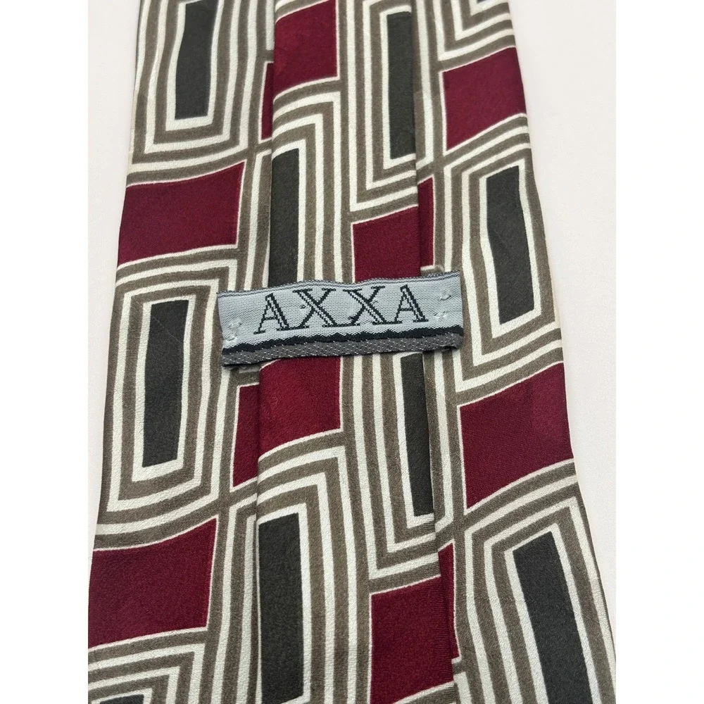 AXXA Mens Geometric Necktie Burgundy Grey Black Rectangular Pattern Silk Blend